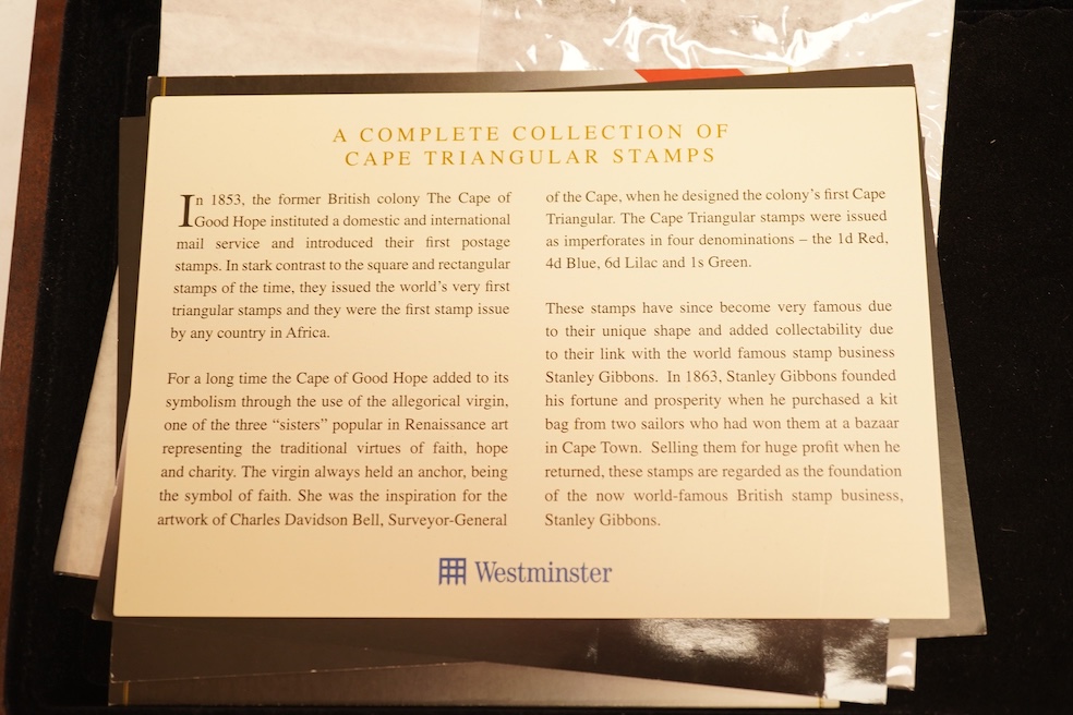 Two complete collections of Cape Triangular Stamps, in a single Westminster Collection case with one certificate